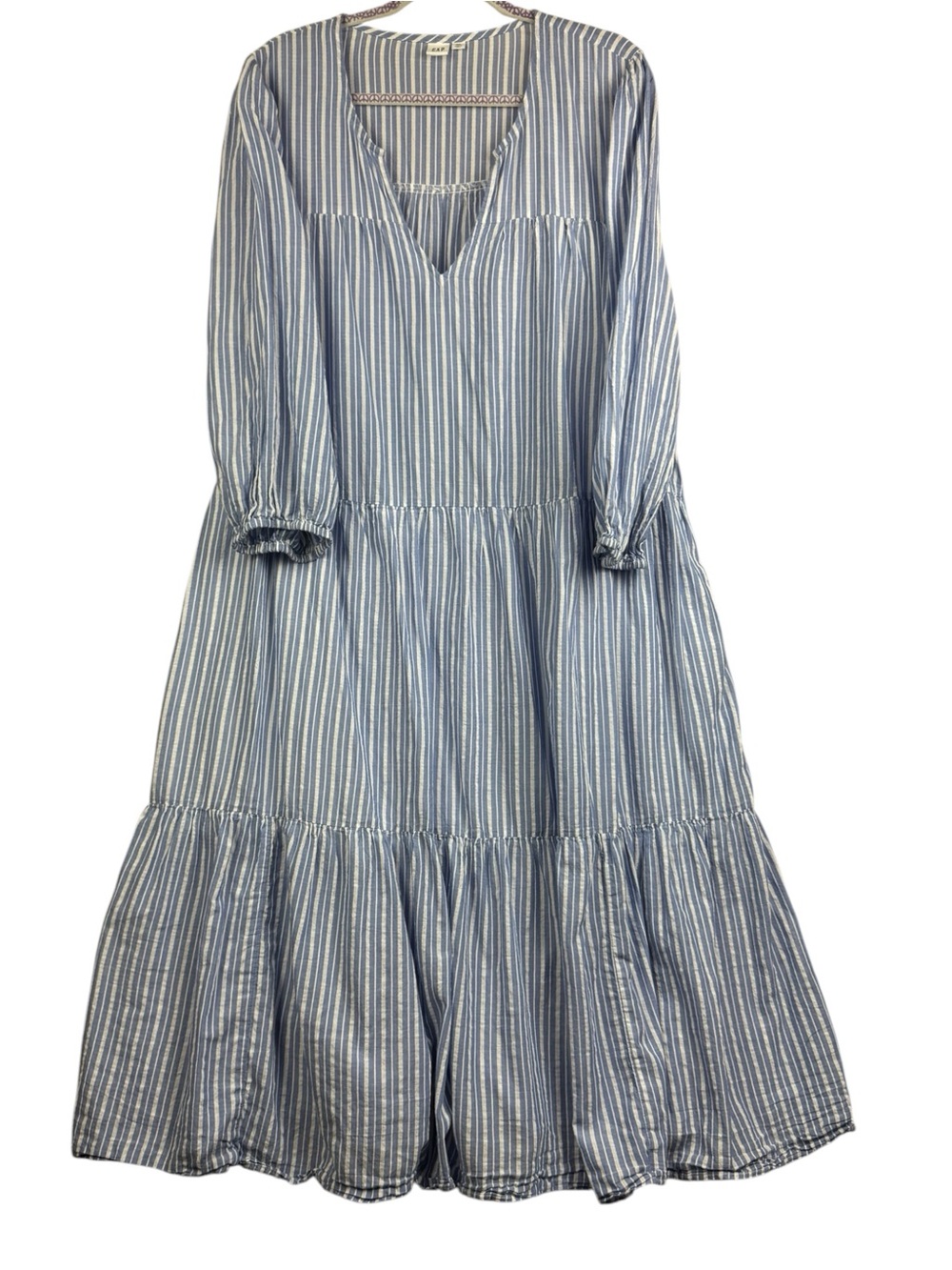 Gap Blue White vertical striped tiered maxi swing dress 3/4 Sleeve sz XXL